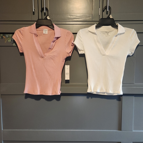 No Boundaries Tops - Ribbed Polo V-Neck Top - Pink or White